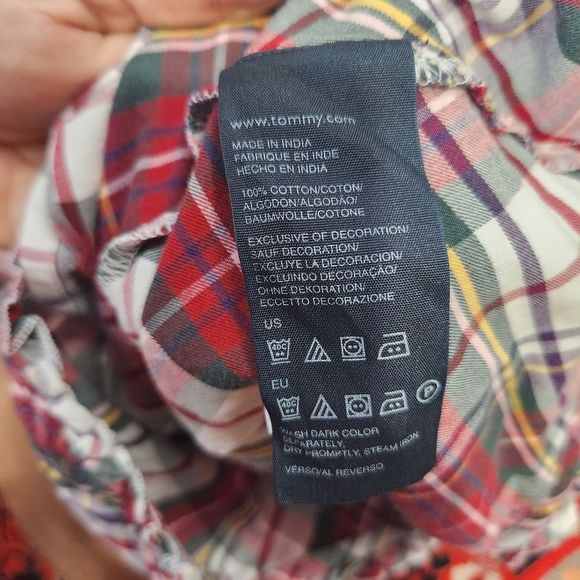 Tommy Hilfiger plaid red green white ruffle button down long sleeve blouse small - Picture 6 of 13
